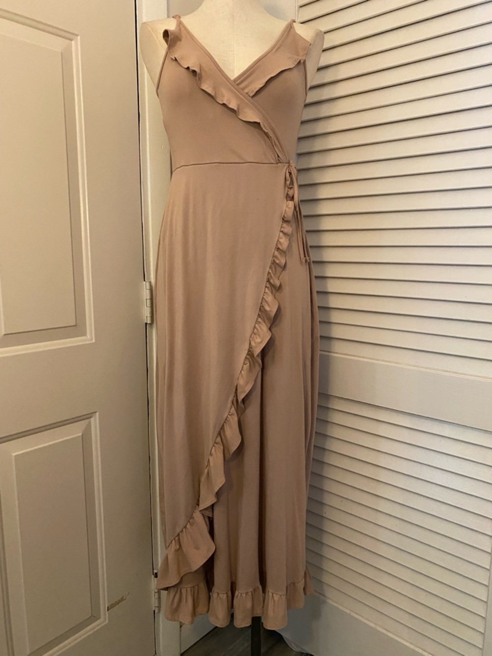 Charlotte Russe Taupe Ruffle Wrap Midi Dress- Size Small
